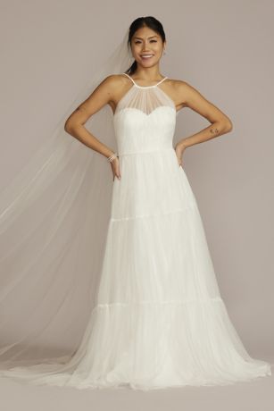 DB Studio Halter Tulle Wedding Gown With Tiered Skirt in Soft White Size: 12 David's Bridal