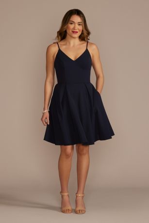 DB Studio Short Stretch Crepe Spaghetti Strap A-Line Dress in Navy Size: 4 David's Bridal