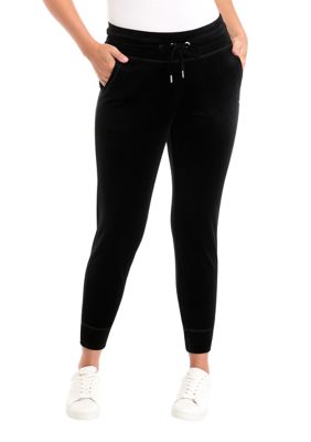 DKNY Sport Women's Platinum Velour Rib Slim Fit Joggers with Metallic Logo Patch, Black, X-Large