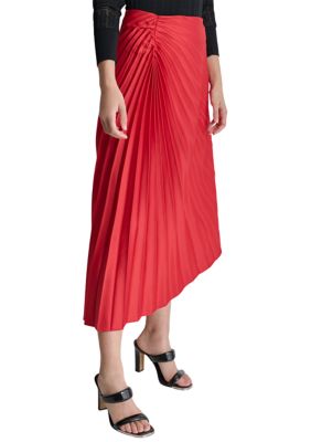 DKNY Women's Asymmetrical Pleated Midi Skirt, Red, 14