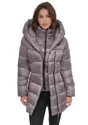 DKNY Women's Packable Mid Length Puffer Jacket with Hood, X-Large