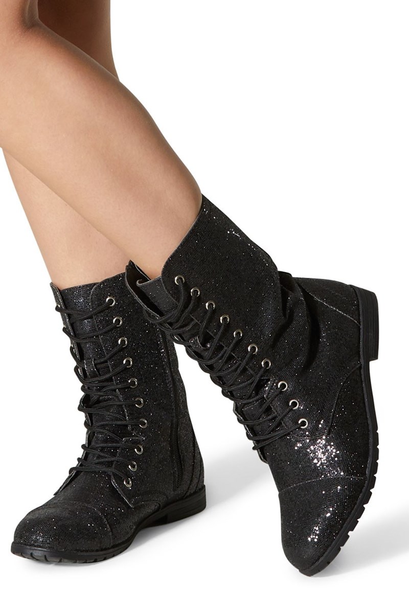 Dance Shoes - Glitter Combat Boots - Black - 10 - WL088