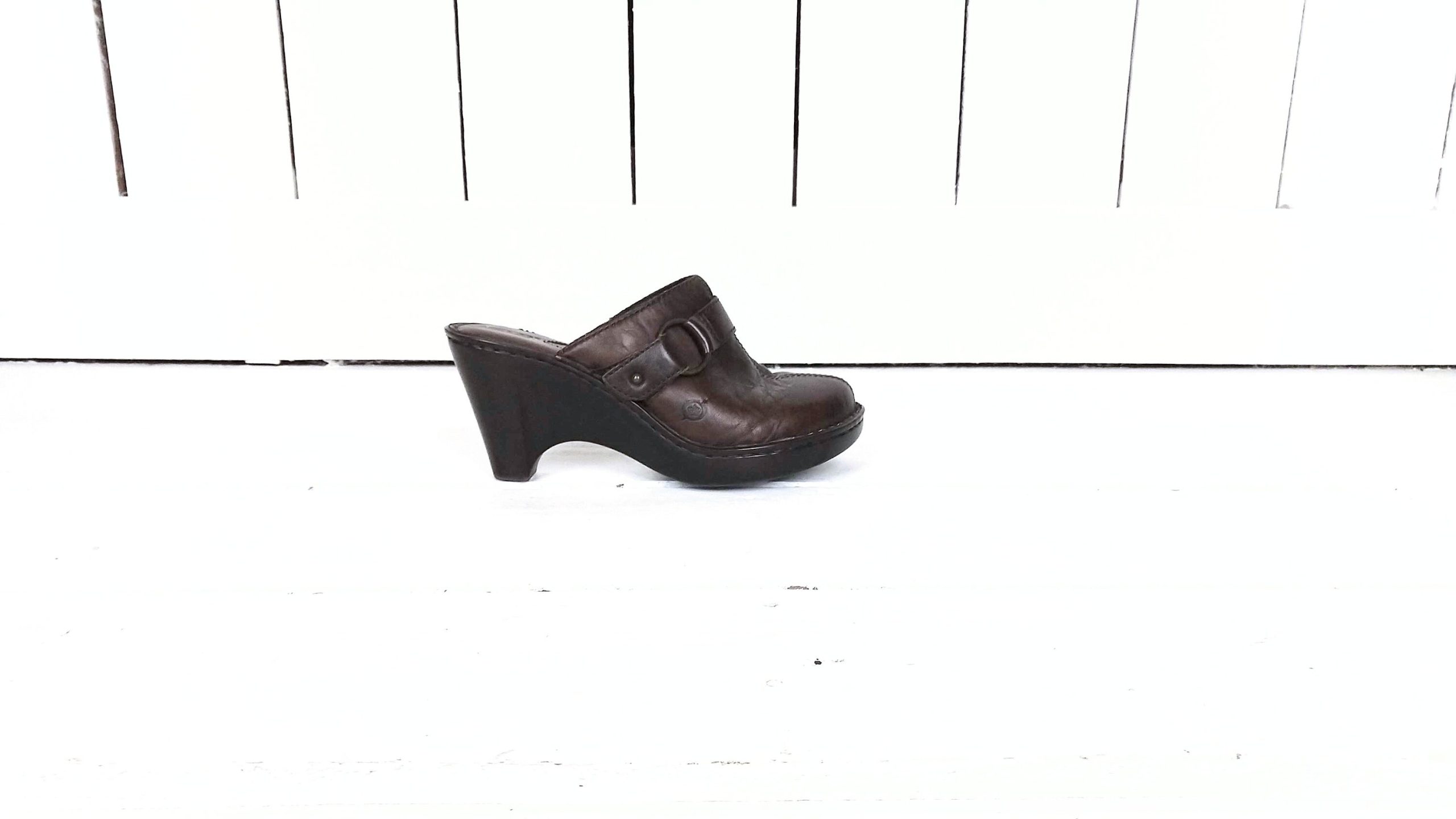 Dark Brown Leather Born Clogs/Leather Wedge Sandals/Born Slip On Mules/Shoes/38/7