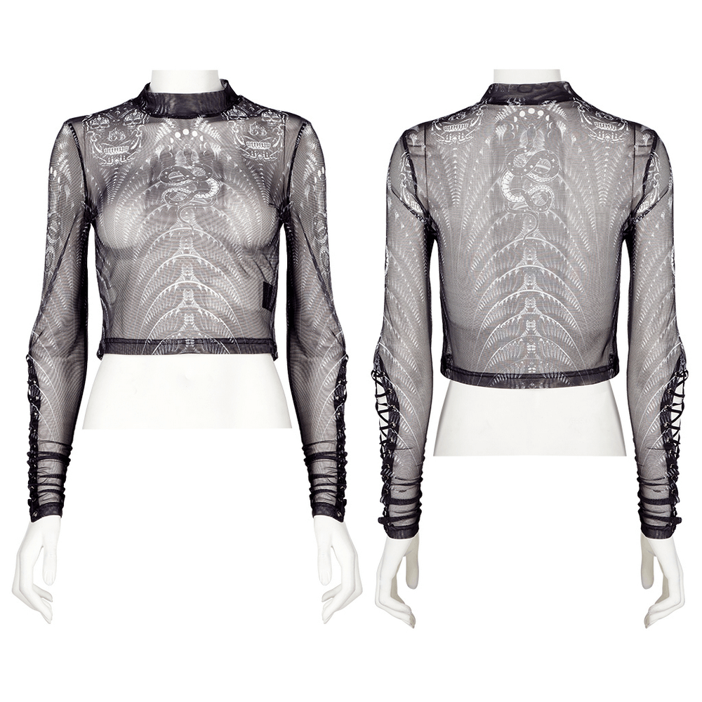 Dark Elegance High Neck Mesh Top with Skeleton Print