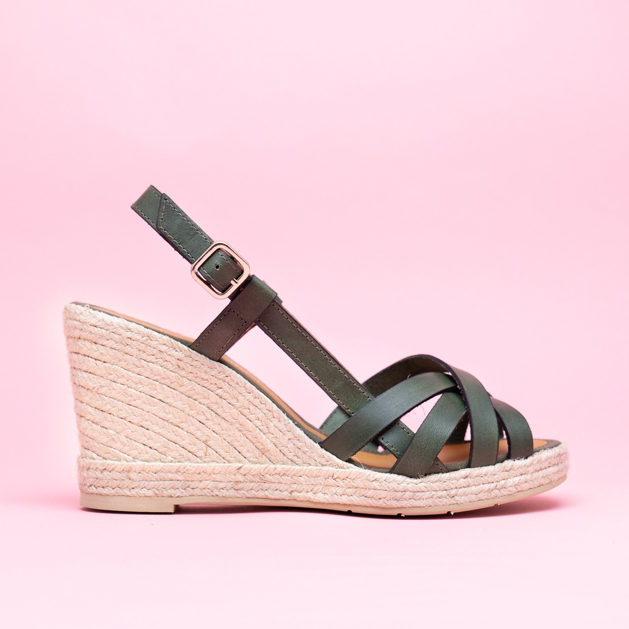 Dark Green Leather Wedge Espadrilles, Kaki Espadrilles Sandal, Women Sandals, Heel Sandal