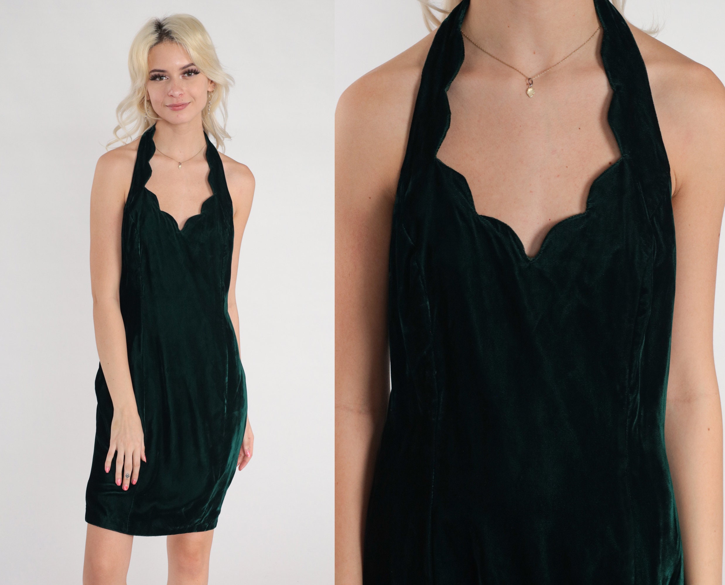 Dark Green Velvet Dress 90S Party Scalloped Halter Neck Mini Retro Open Back Cocktail Evening Formal Vintage 1990S Small S