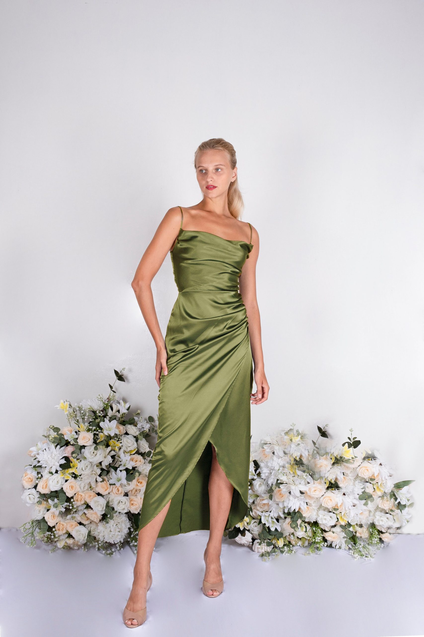 Dark Olive Color Satin Bridesmaid Dress, Wedding Dresses, Custom Long Tulip Skirt Summer Dress, Slip