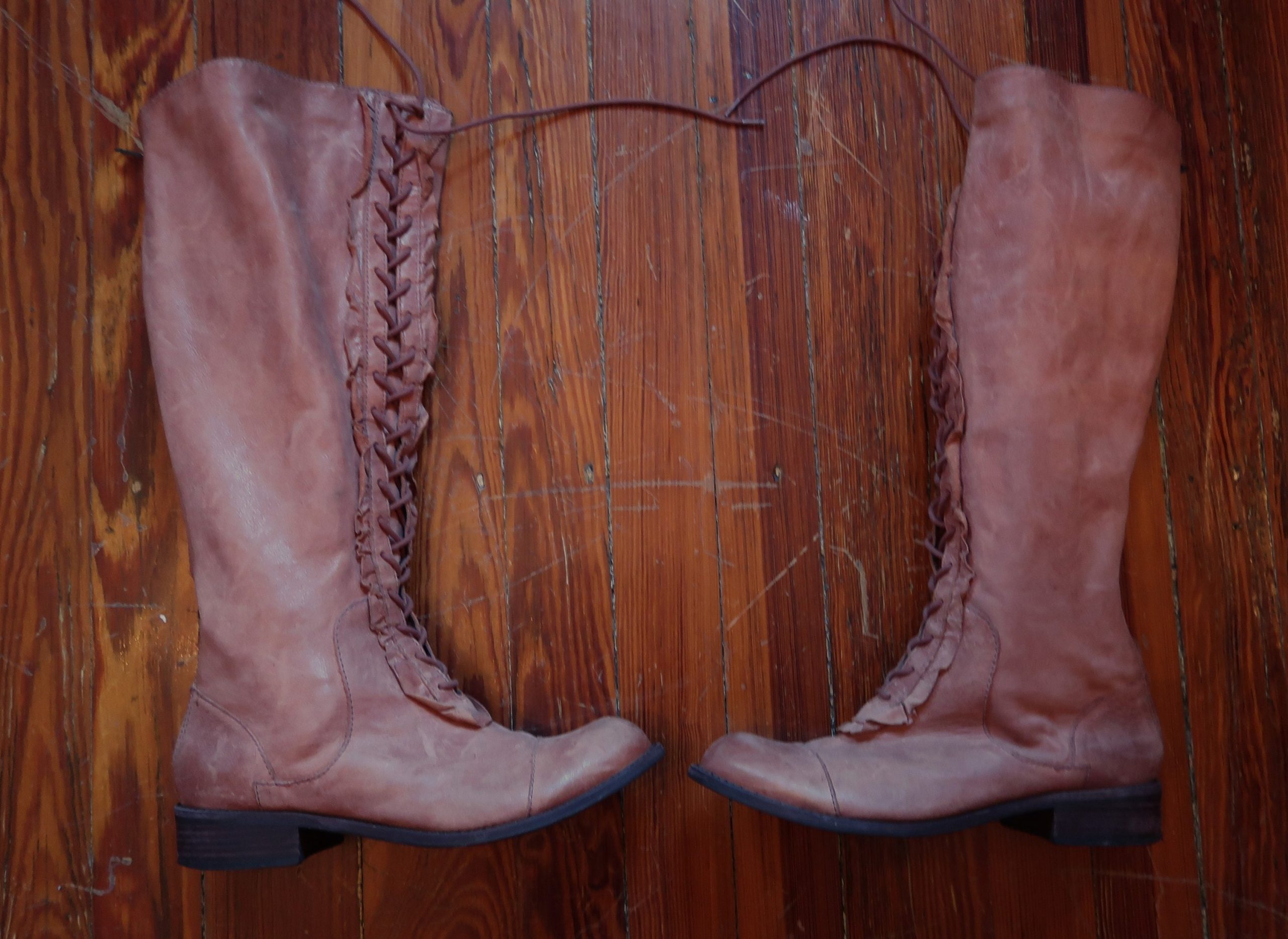 Darling Ruffled Lace Up Suede & Leather Boots in Amazing Peachy/Camel/Pink Color, 8/8.5