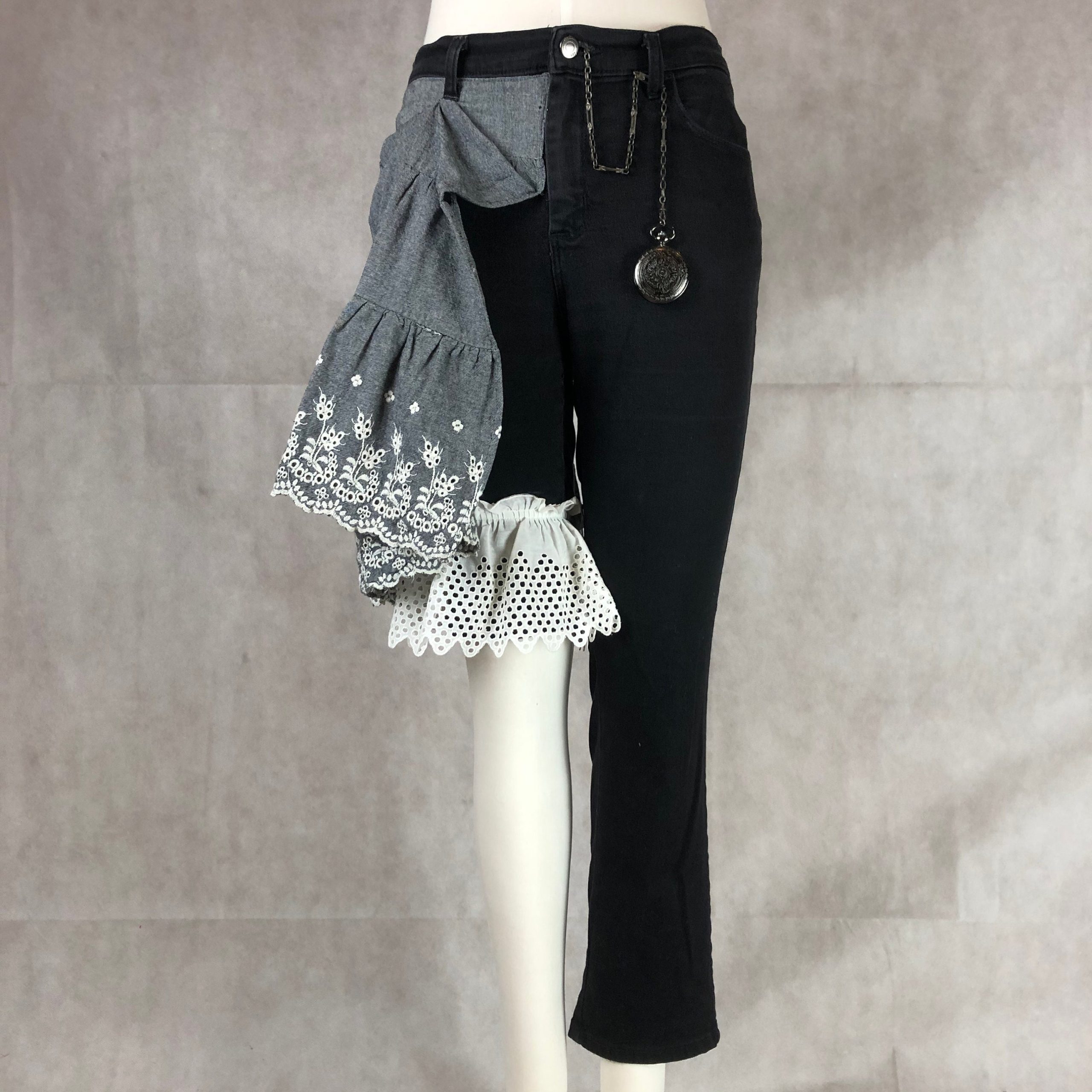 Deconstructed Hybrid Unisex Yin Yang "Skants" - A Mash Up Of Black Denim Jeans & A Grey Tiered Eyelet Skirt