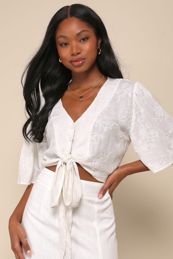 Delightful Darling White Floral Embroidered Tie-Front Crop Top