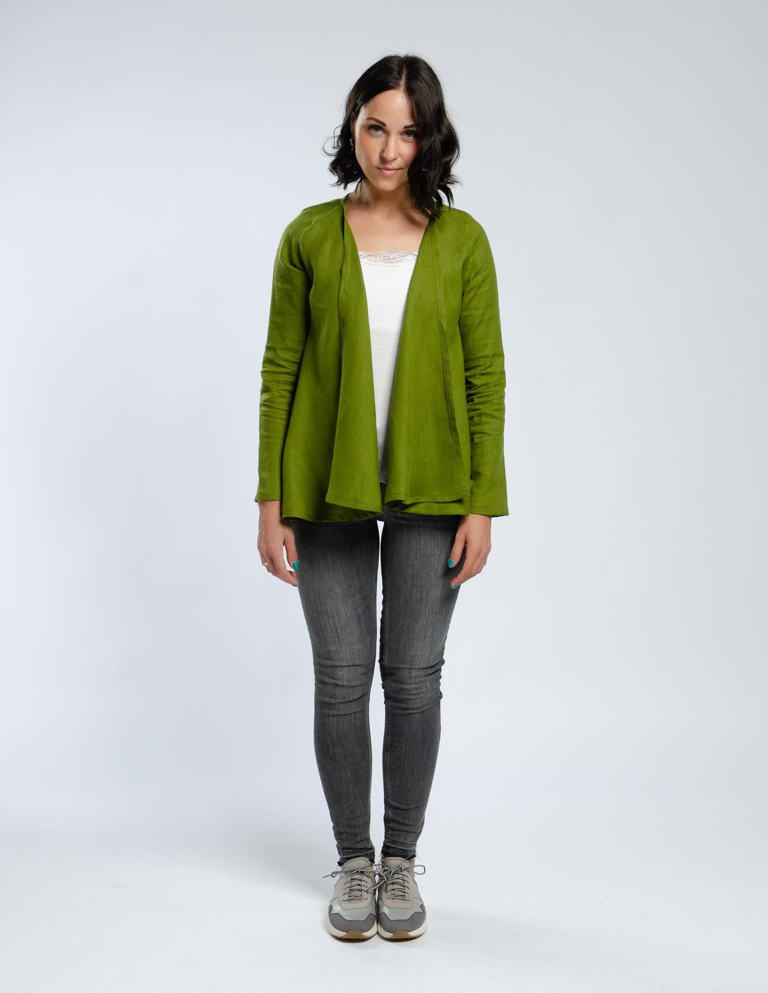 Denice Wrap Linen Jacket, Short Cardigan, Green Long Sleeve Blazer, Sweater, Coat