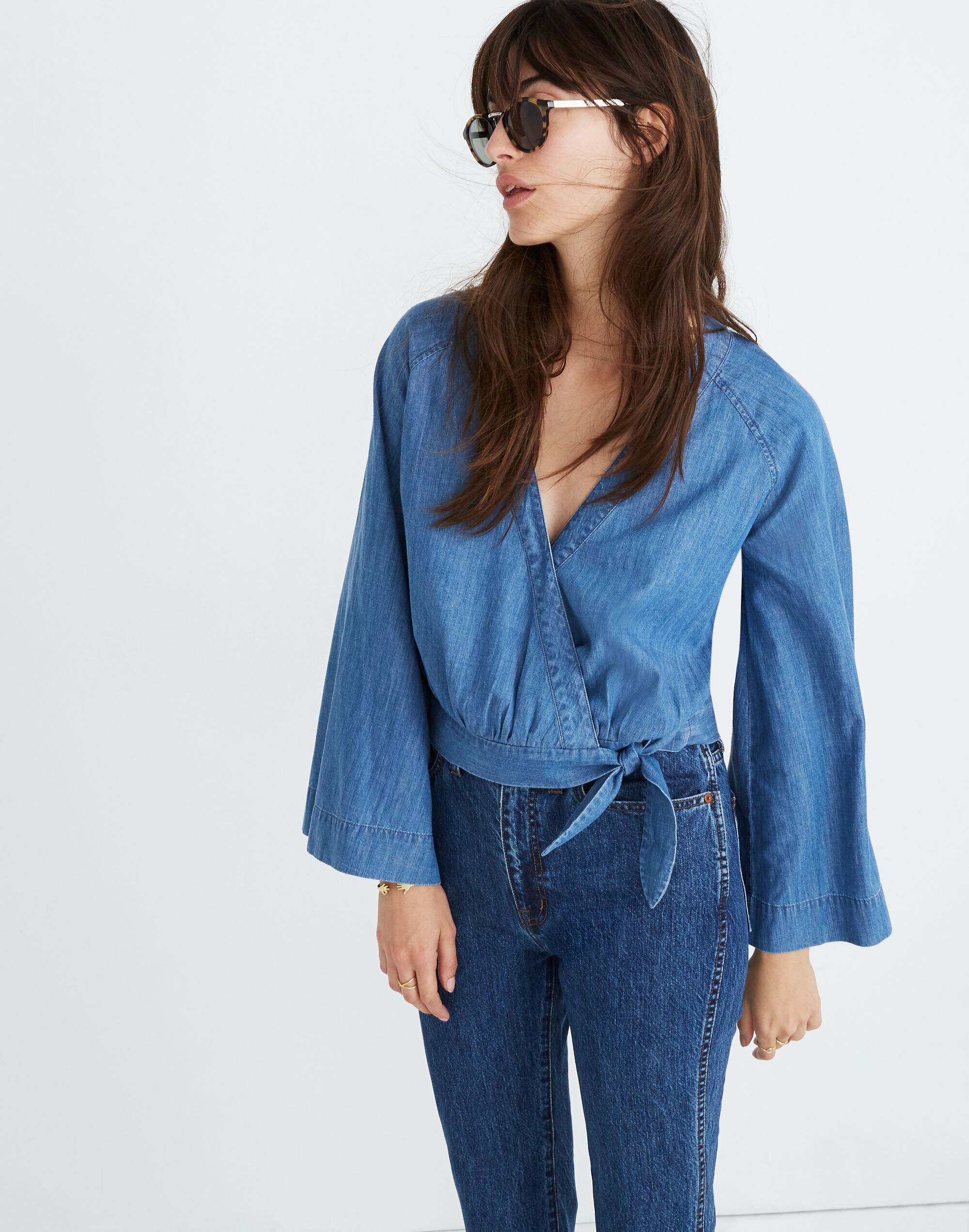 Denim Bell-Sleeve Wrap Top