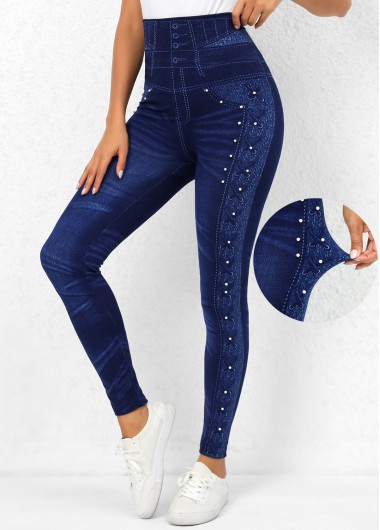 Denim Blue Beaded High Waisted Leggings