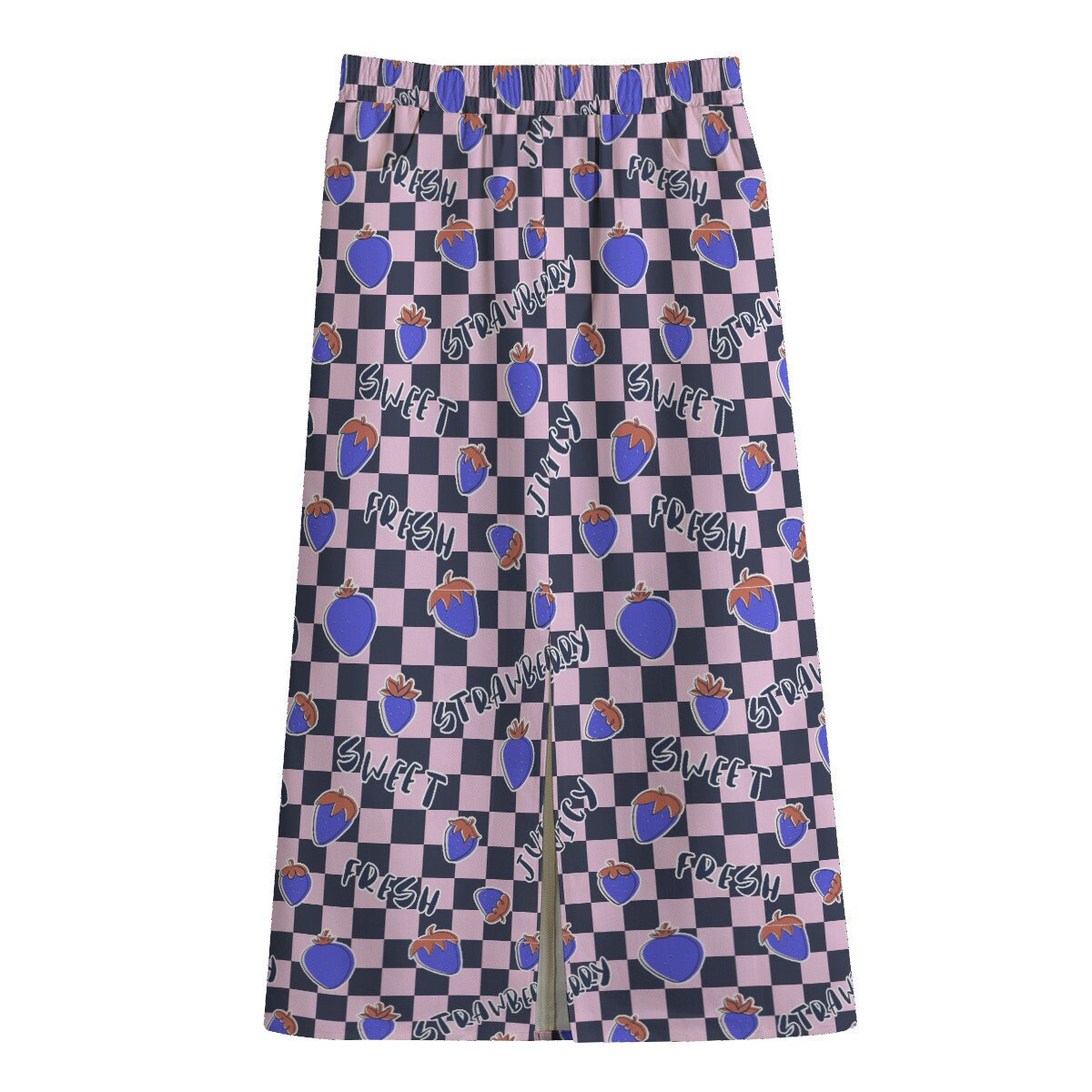 Denim Blush Checker Pattern | Strawberry Fresh & Sweet All-Over Print All-Over Women's Front Mid-Slit Skirt 245Gsm Cotton