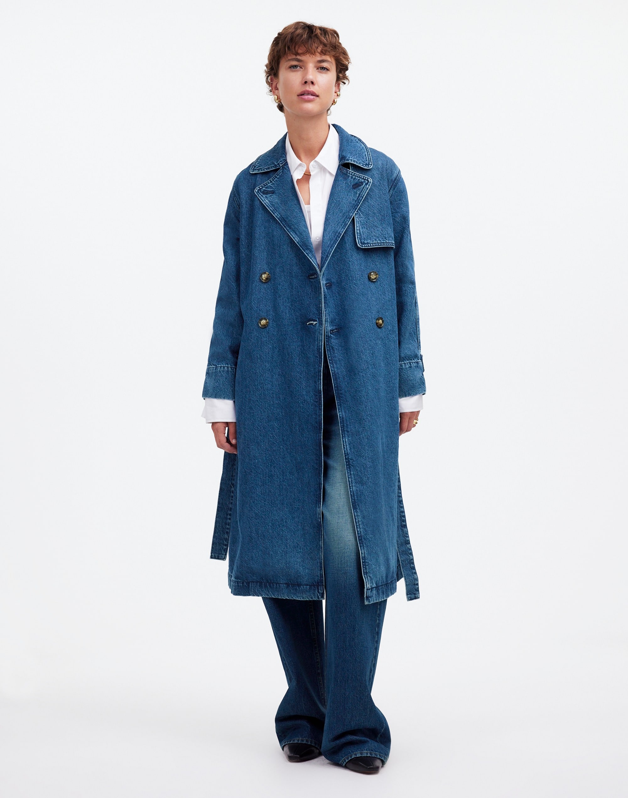 Denim Double-Breasted Crop Trench Coat in Ravenwood Wash