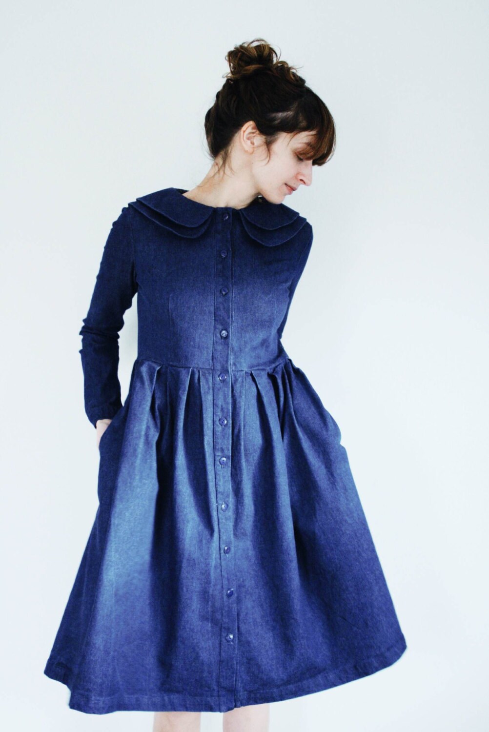 Denim Dress - Indigo Double Collar Full Gathered Skirt Handmade By Offon