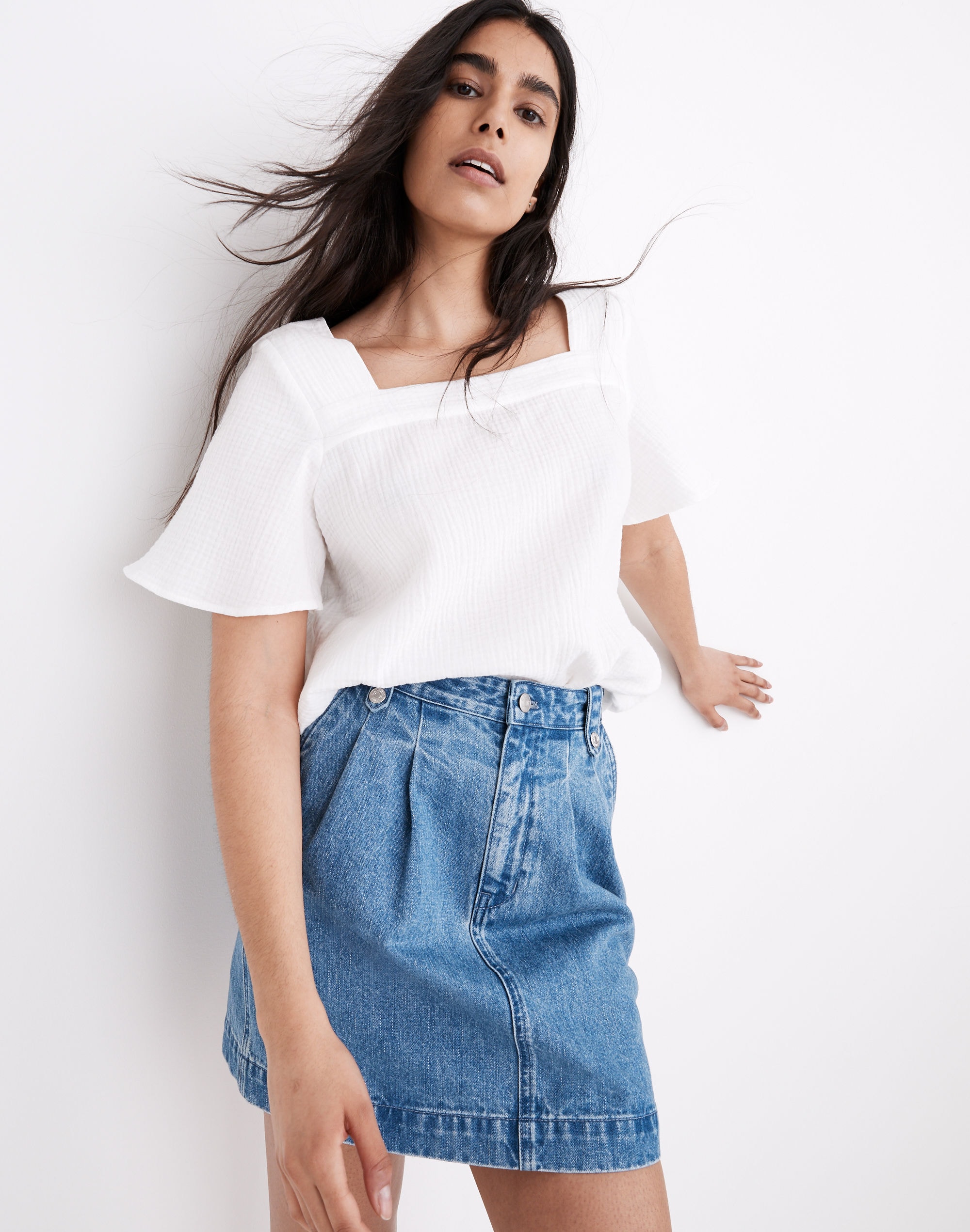 Denim Pleated Mini Skirt in Upton Wash