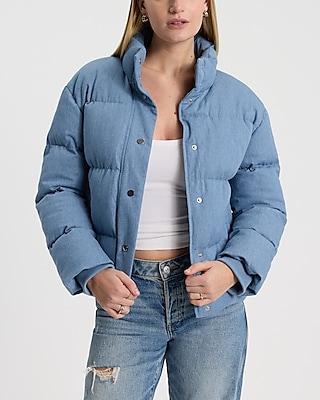 Denim Puffer Coat Blue Women's XS