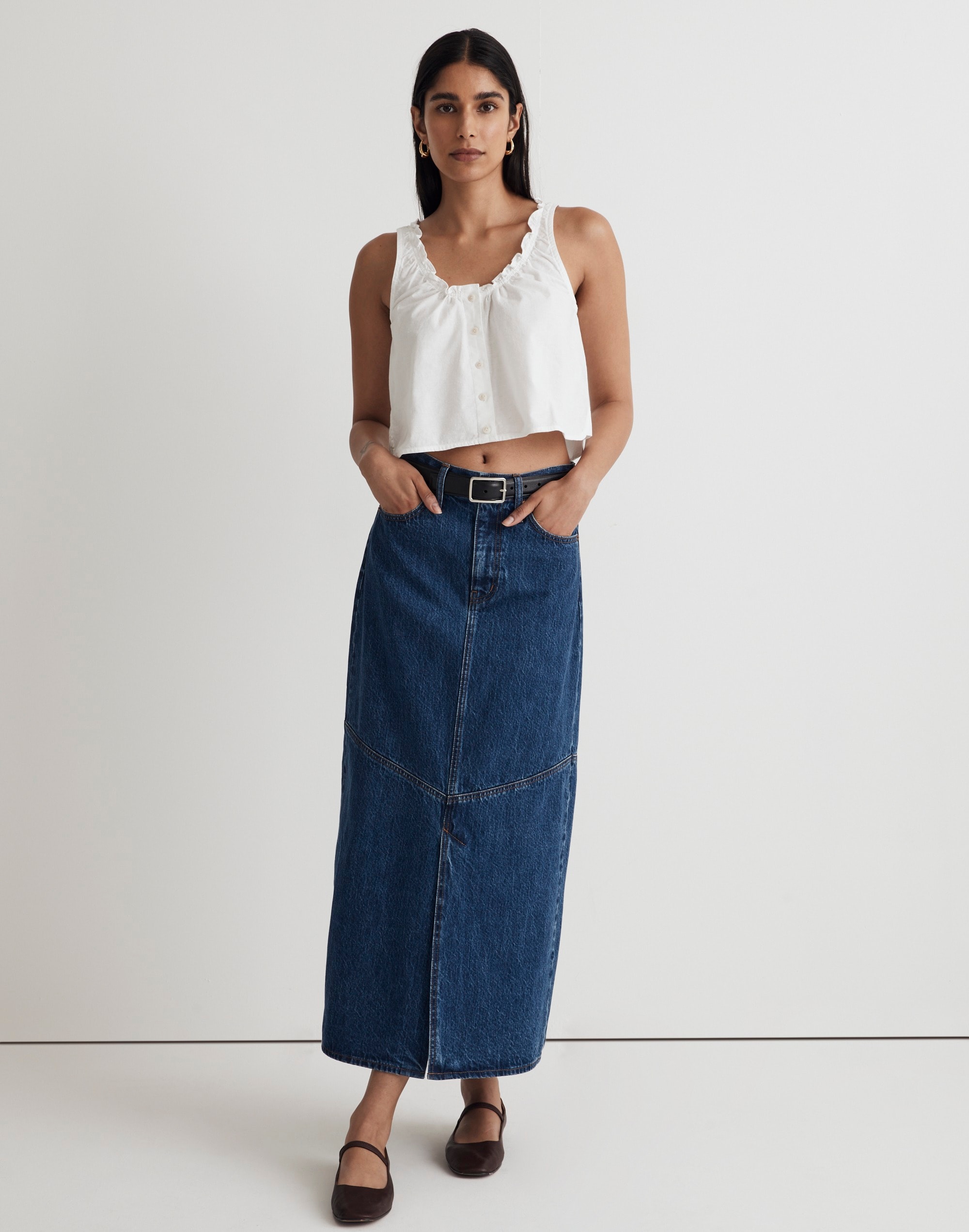 Denim Ruffled U-Neck Crop Top in Tile White