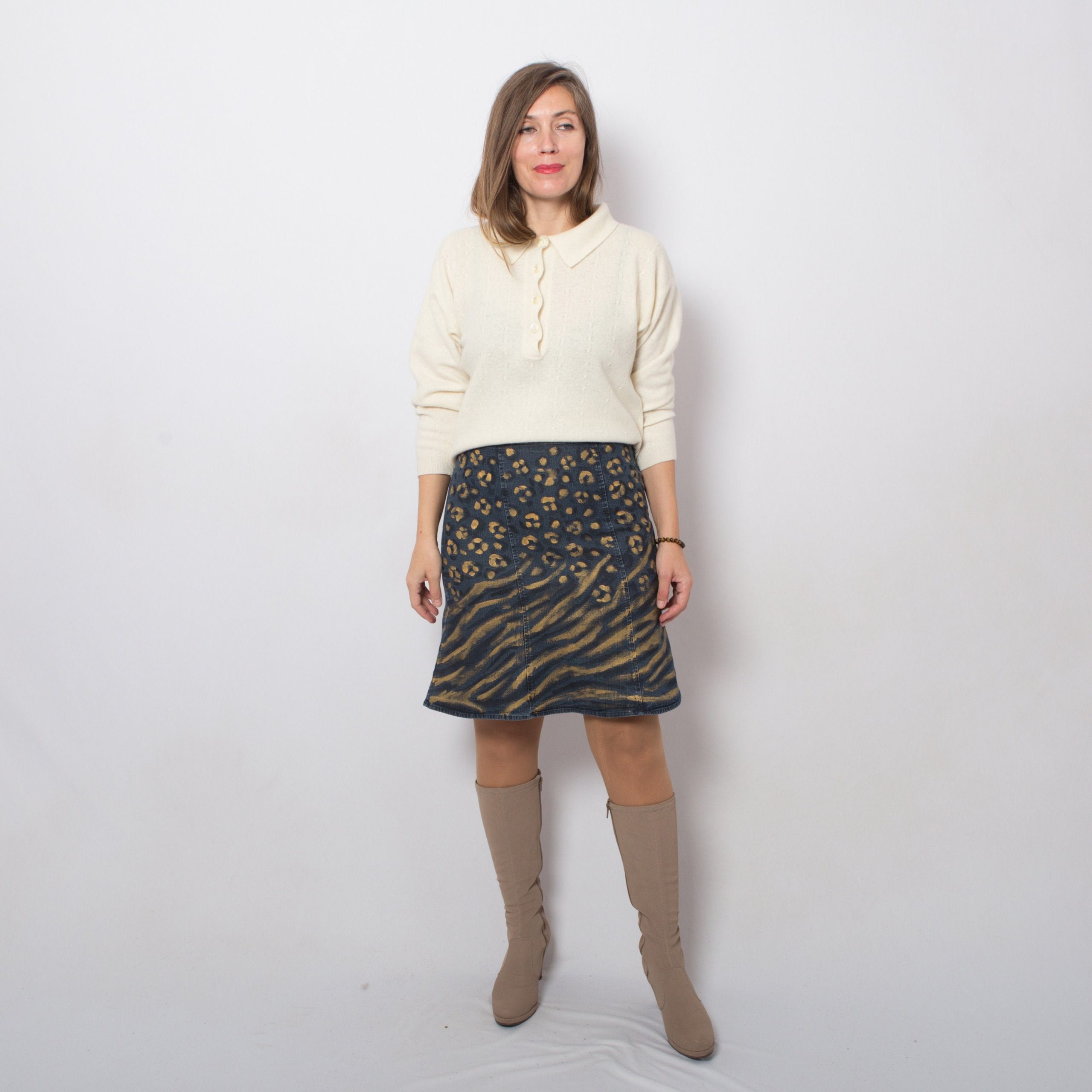 Denim Skirt Animal Print Hand Painted Tiger Max Co Upcycled Mini Leopard High Waist Size S