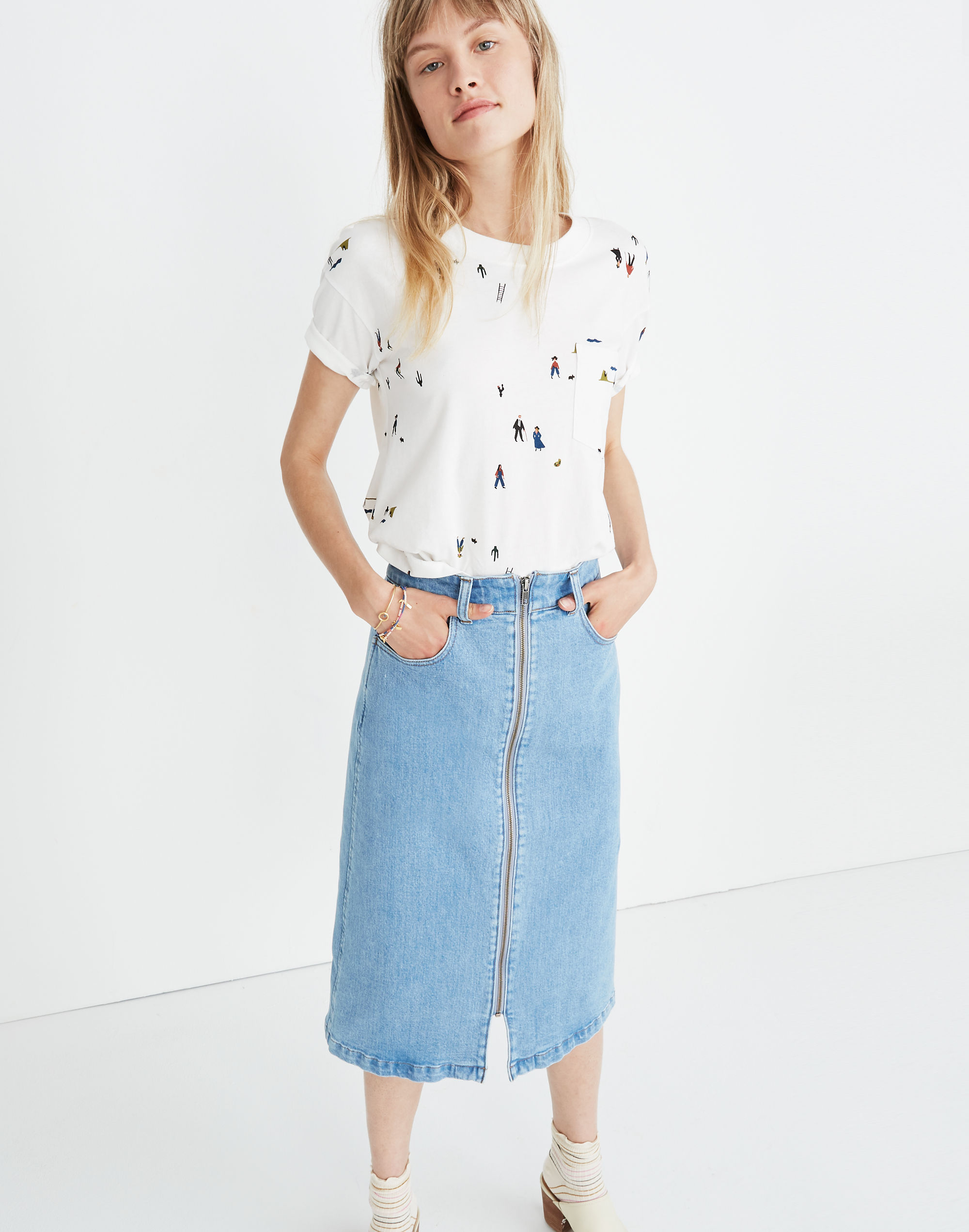 Denim Zip Midi Skirt in Janice Wash