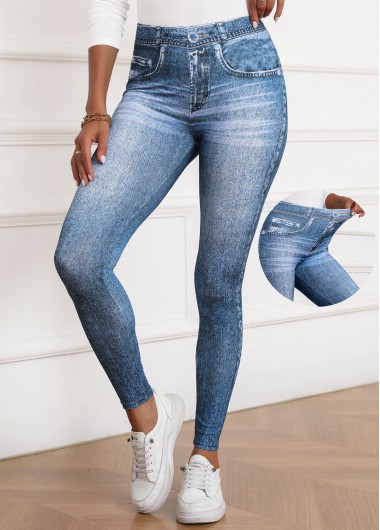 Denim-effect Print Denim Blue Skinny Elastic Waist Pants