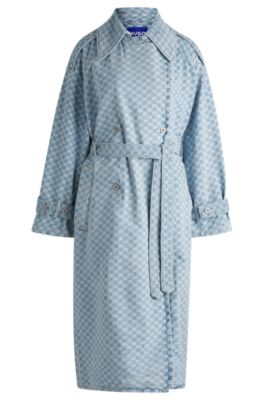 Denim trench coat with checkerboard jacquard- Light Blue Women's Casual Coats size S