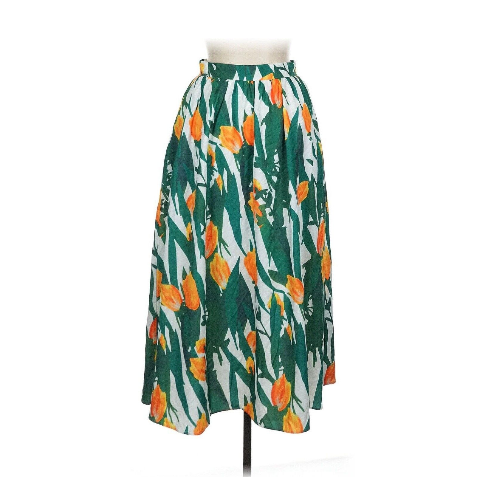 Designer Beulah Green Tulip Floral Tropical Print A Line Midi Skirt L, Women's (Size 30)