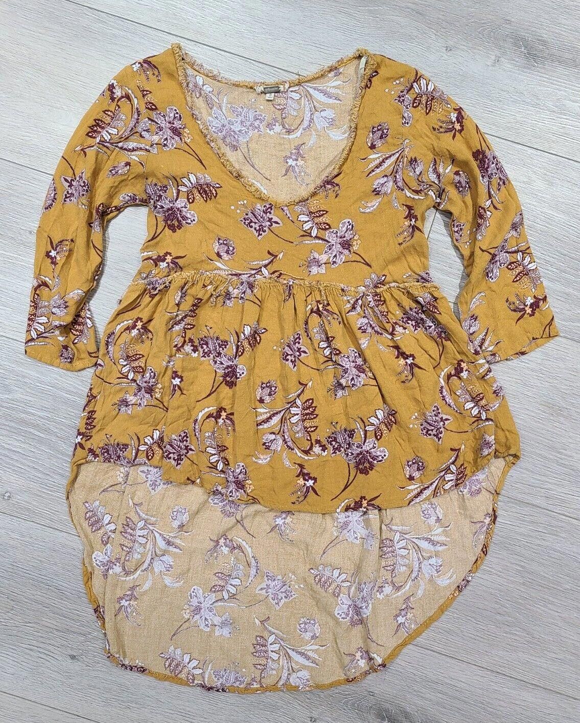 Designer Bke Gimmicks Top Small Floral High Low V Neck Tunic Boho in Yellow, Women's