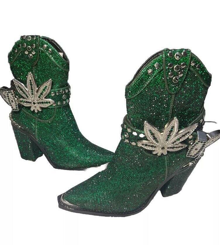 Designer Dolls Kill Sheriff Shine Cowboy Boots Weed Top Shelf Club Ex in Green, Women's (Size 6)