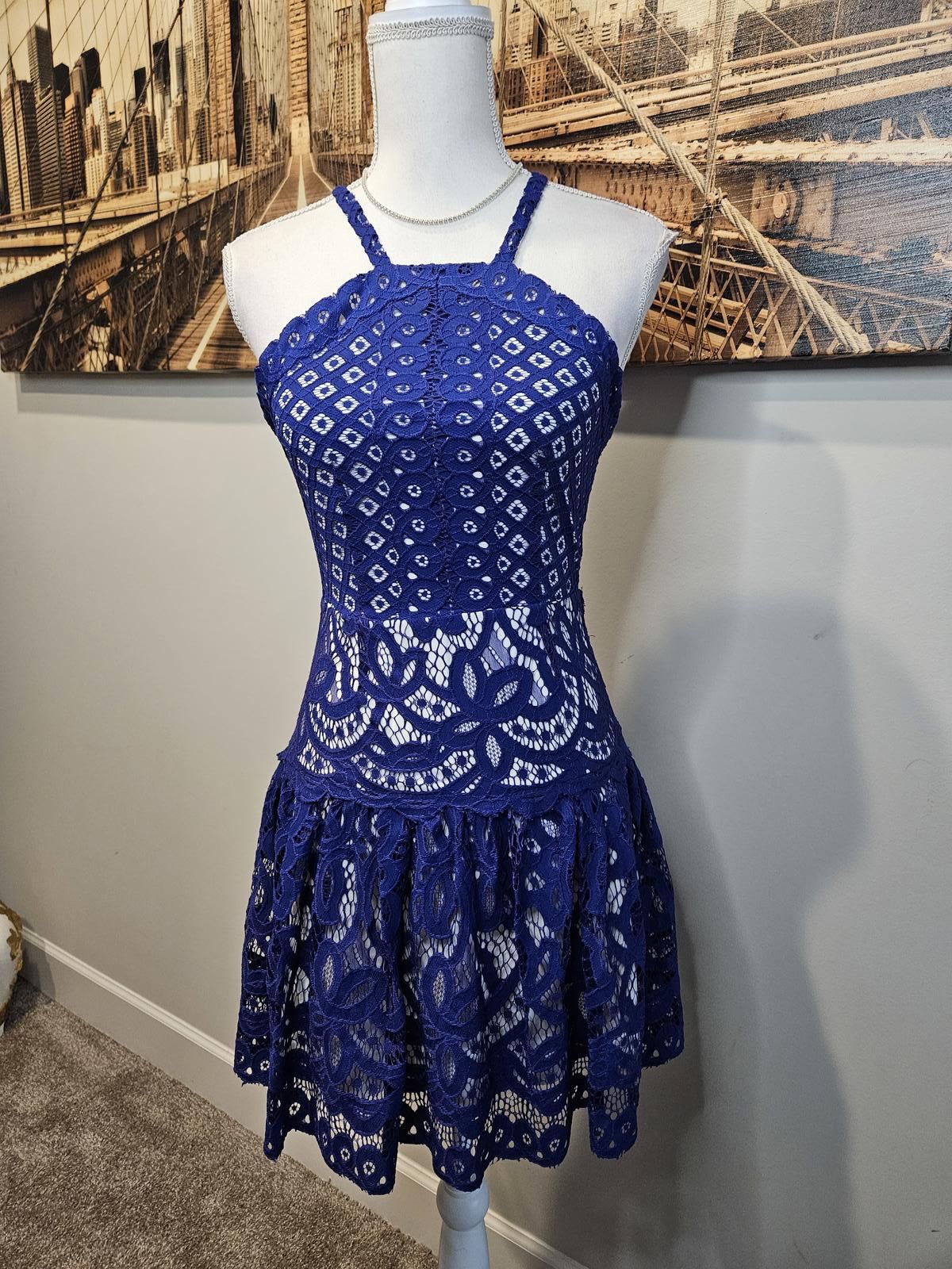 Designer Gianni Bini Charming Lace A-Line Dress In Royal Blue, Women's (Size XS)