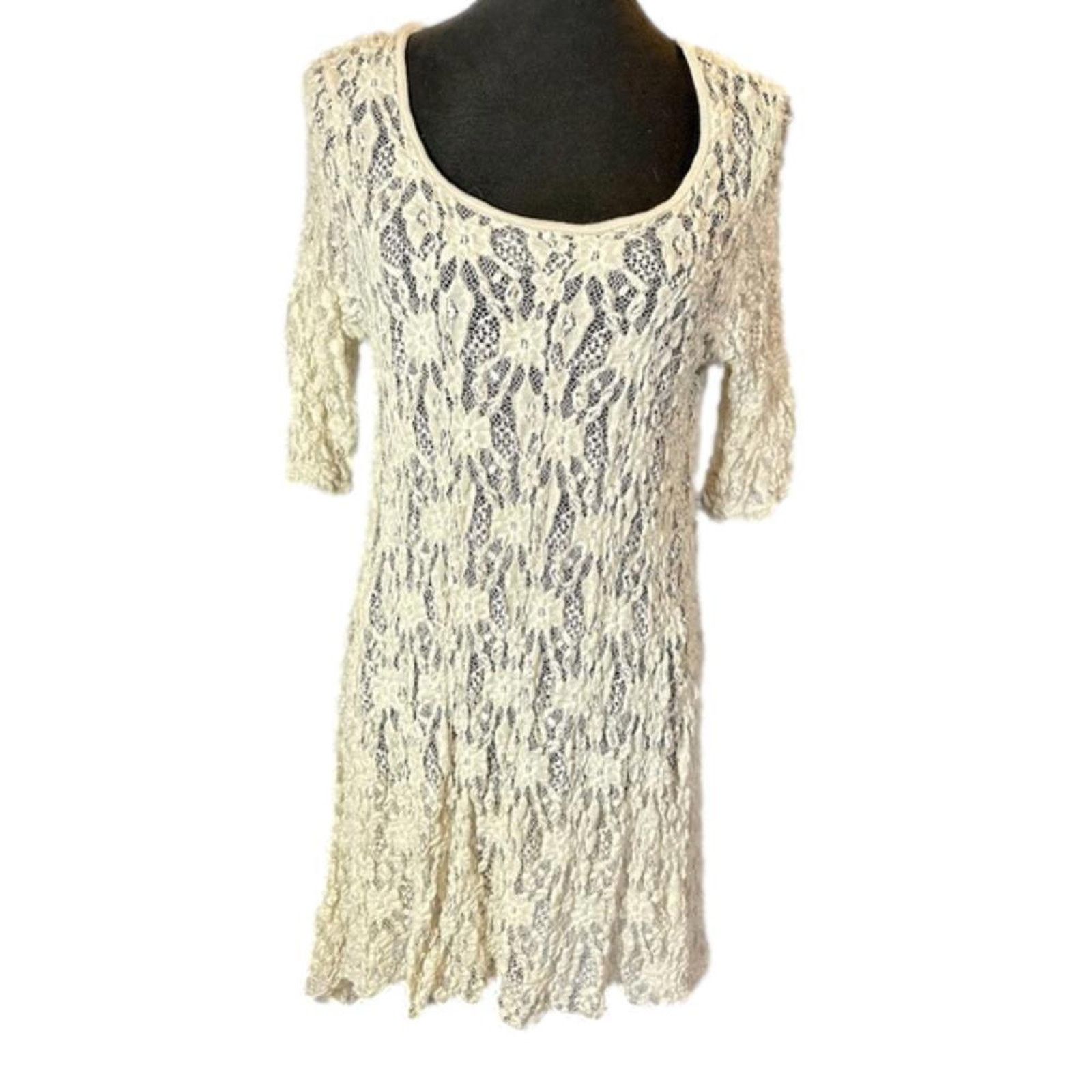 Designer Layering Surrealist Cream Lace Tunic Top Dress Boho, Women's (Size Large)