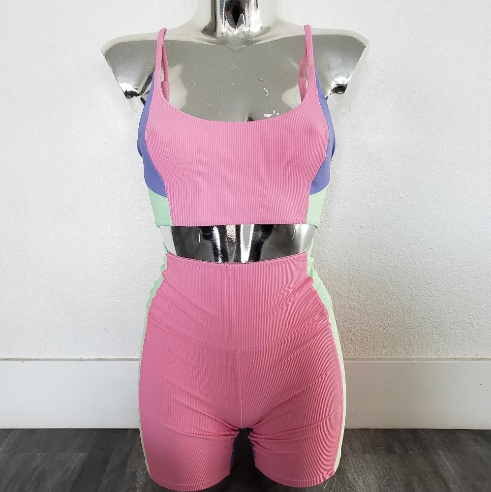 Designer Sherbert | Beach Riot | Pastel Colorblock Activewear Set in Pink, Women's (Size 28)