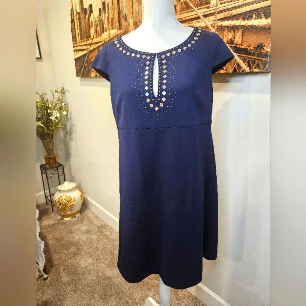 Designer Stylish Navy A-Line Dress With Decorative Details in Blue, Women's (Size Large)