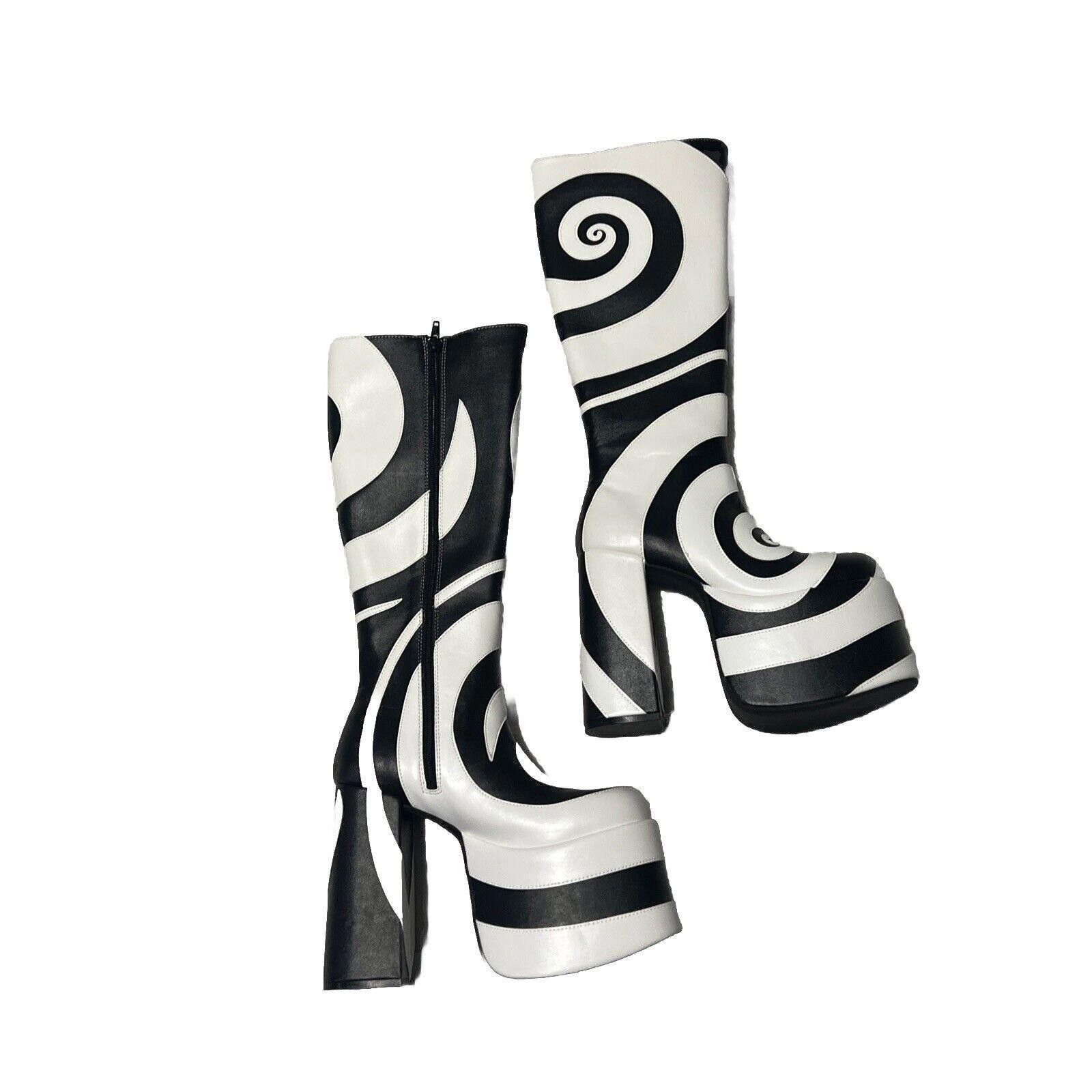 Designer Swirly Platform Knee High Boots How Sweet It Is Black White, Women's (Size 6)