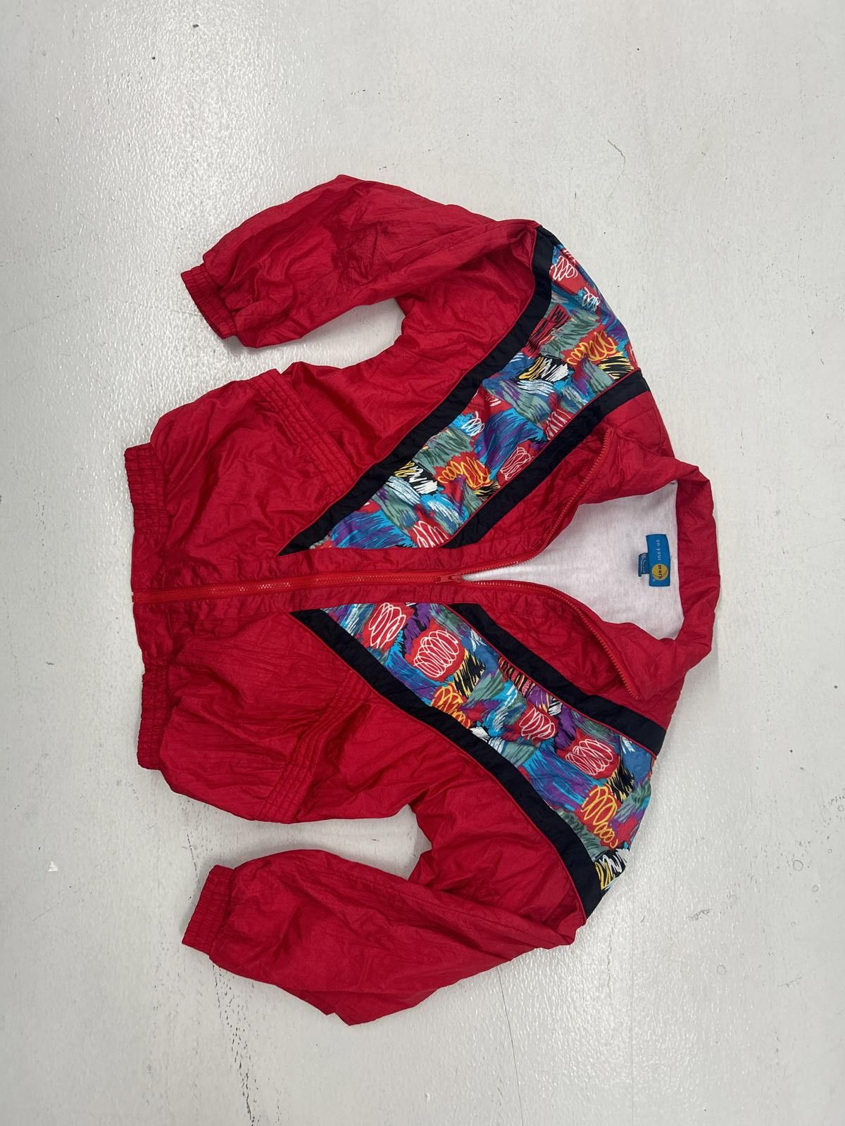 Designer Vibrant Red Vintage Windbreaker Jacket With Colorful Pattern, Women's (Size Large)
