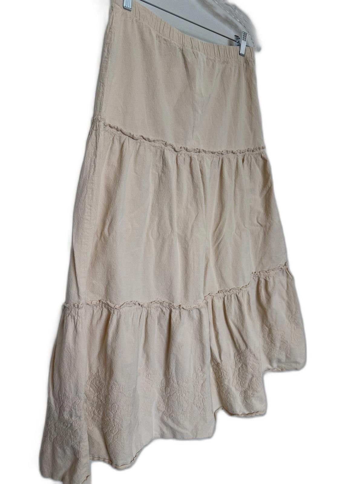 Designer Vintage Beige Cream, Long Tiered Peasant Skirt Embroidered, Women's (Size 28)