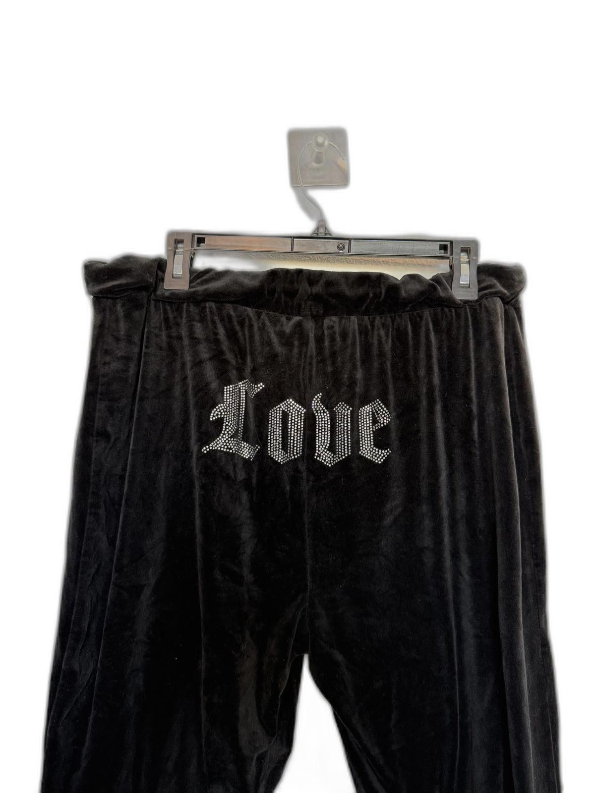 Designer Y2K Black Velvet Joggers With "love" Embroidery Rhinestones, Women's (Size 42)