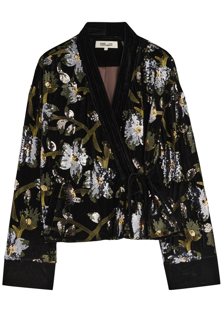 Diane Von Furstenberg Ciro Sequin-embellished Velvet Wrap Jacket - Black - L (UK14 / L)