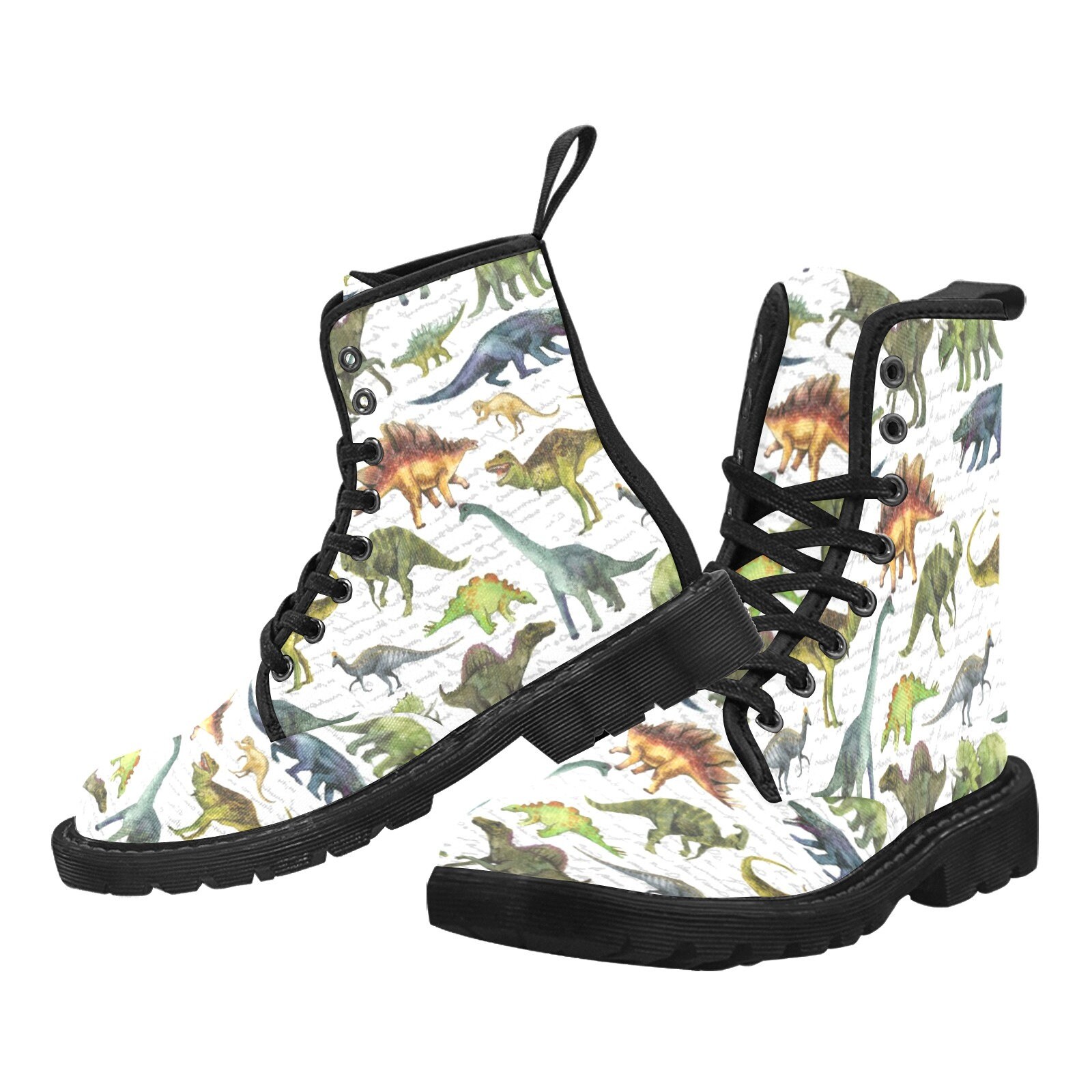 Dinosaur Women Boots, Cute Dino Pattern Vegan Canvas Lace Up Festival Shoes Fashion Print Ankle Combat Handcrafted Casual Custom Gift