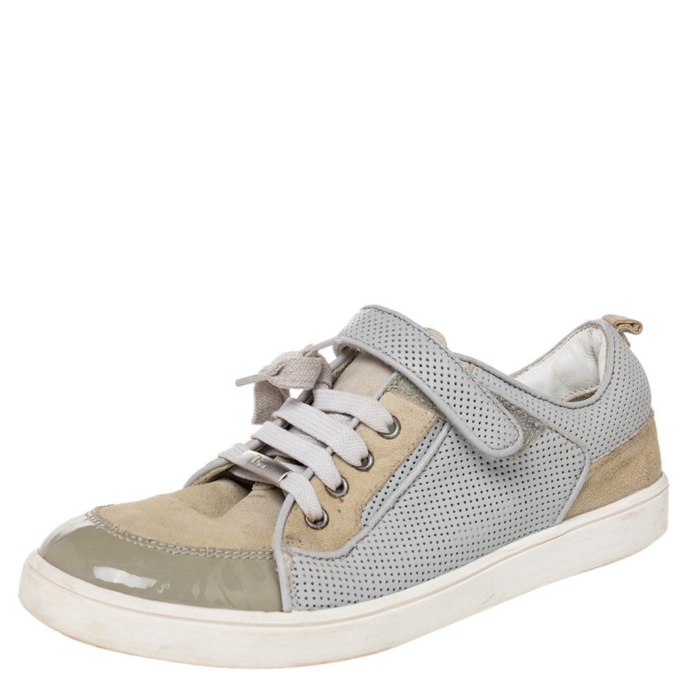 Dior Beige/Grey Mesh And Patent Leather Low Top Sneakers Size 34