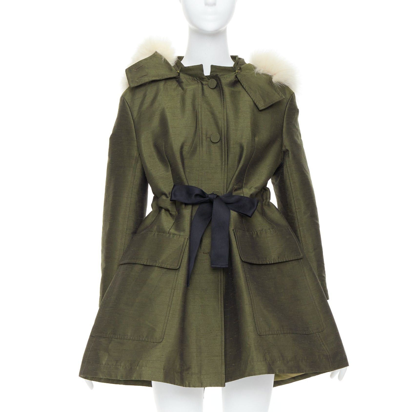 Dior Military Green Pocketed Cream Fur Hood Belted Anorak Coat Fr34 Xs, Women's