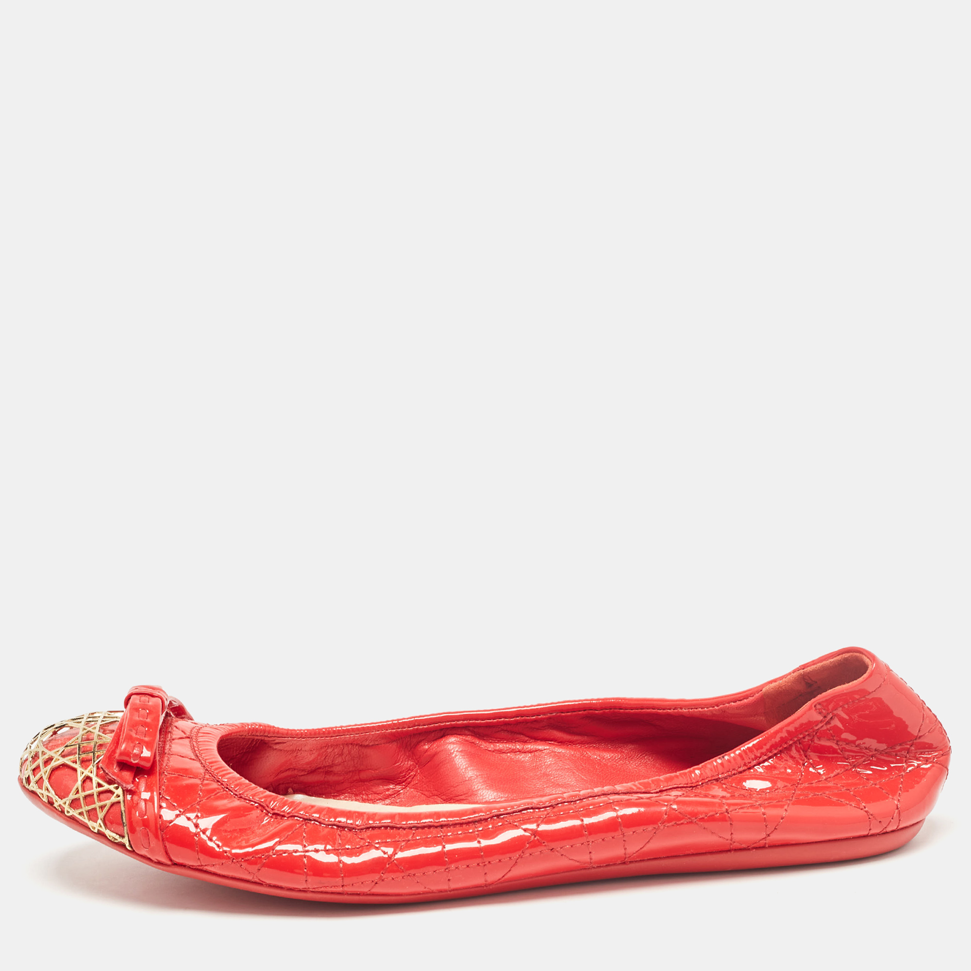 Dior Red Cannage Patent Leather Bow Ballet Flats Size 38.5