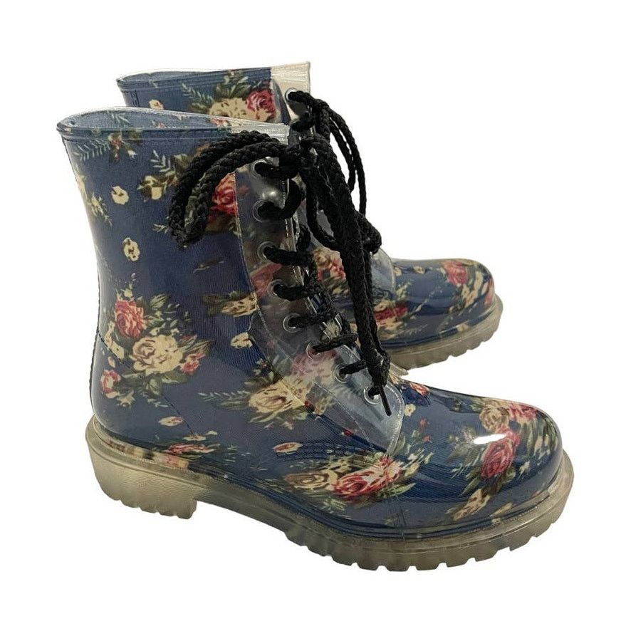 Dirty Velvet New Dirty Laundry Clear Blue Floral Combat Rain Boots 1 4415, Women's (Size 7)