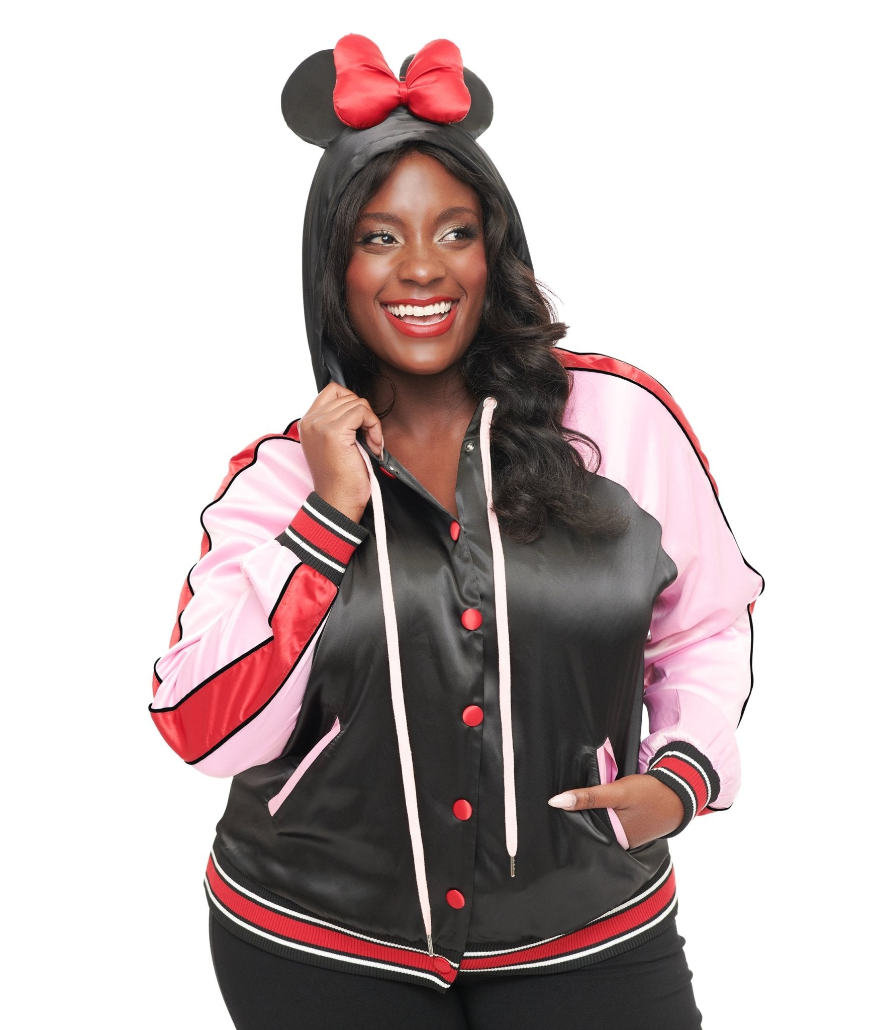 Disney Mickey & Friends Collection By Unique Vintage Plus Size Minnie Mouse Hooded Satin Bomber Jacket