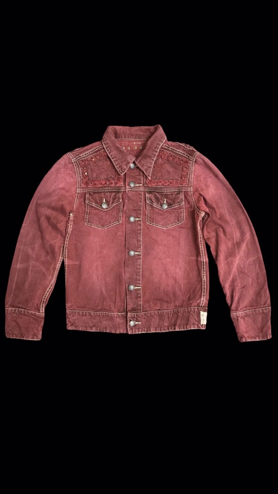 Distressed Denim x Seditionaries J43 Statement Jeans Spike Distressed Trucker Jacket in Maroon, Women's (Size Large)