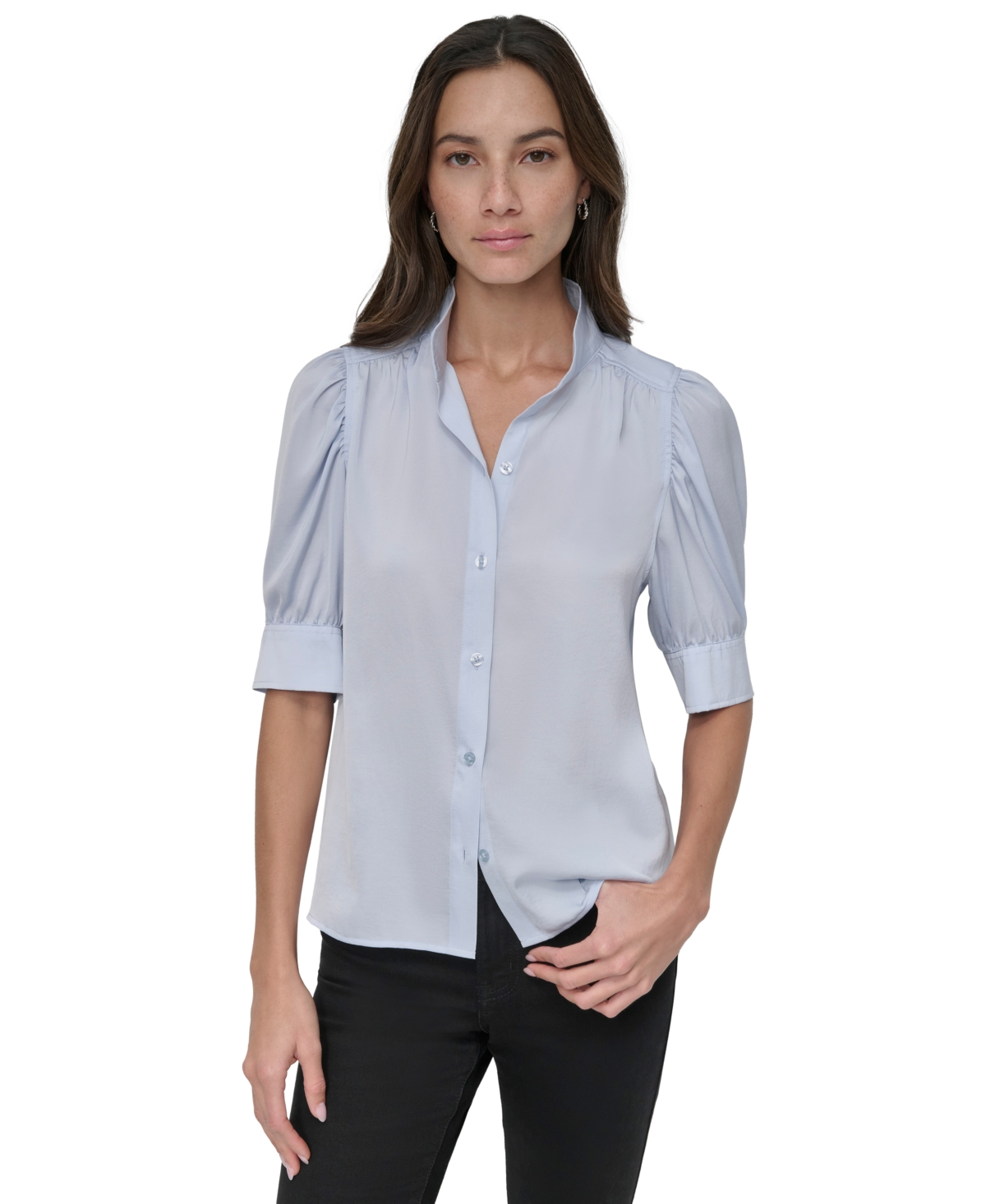 Dkny Jeans Petite Cotton Puff-Sleeve Button-Front Shirt - Light/Pastel Blue