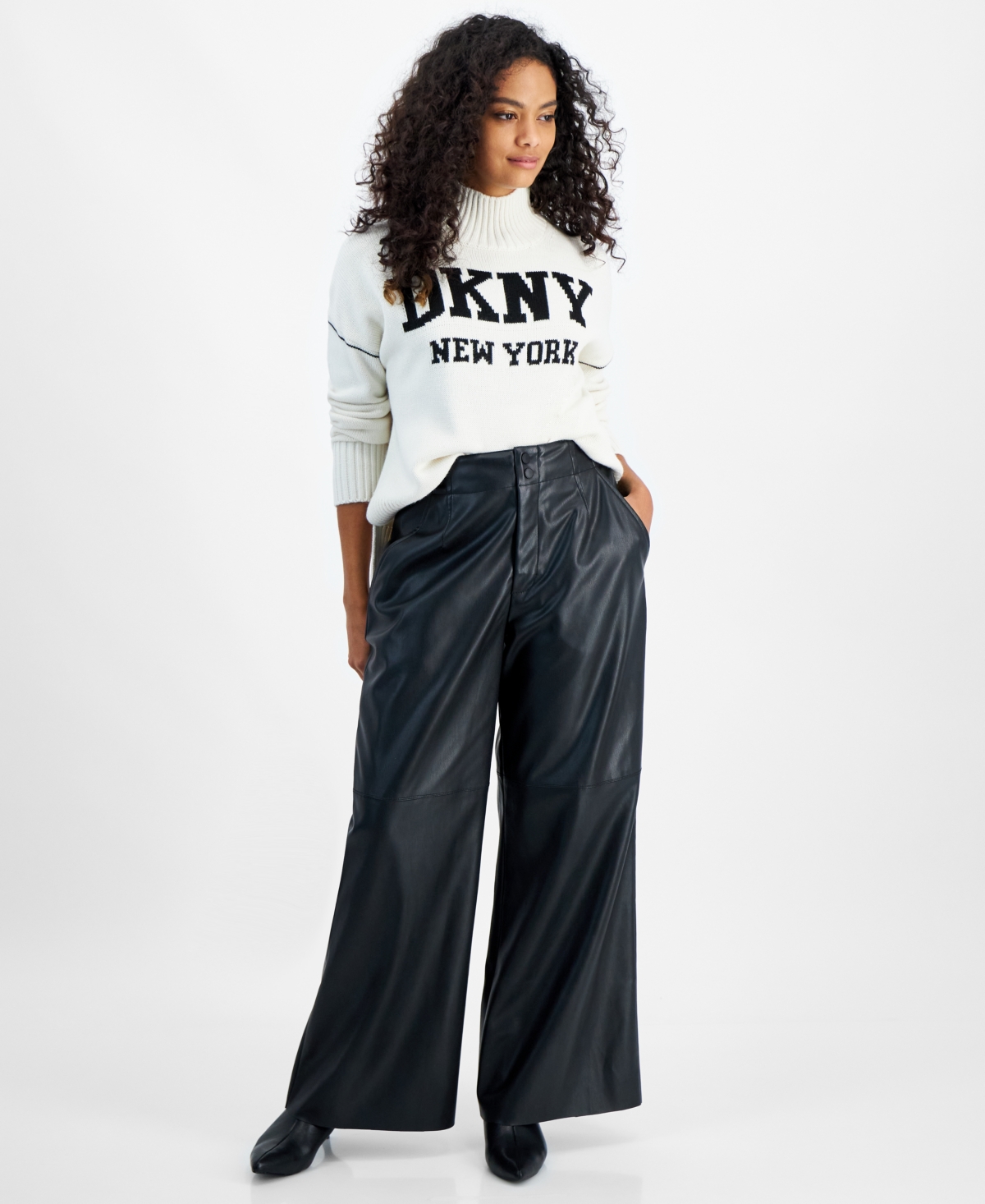 Dkny Jeans Petite Faux Leather Wide-Leg Pants - Black