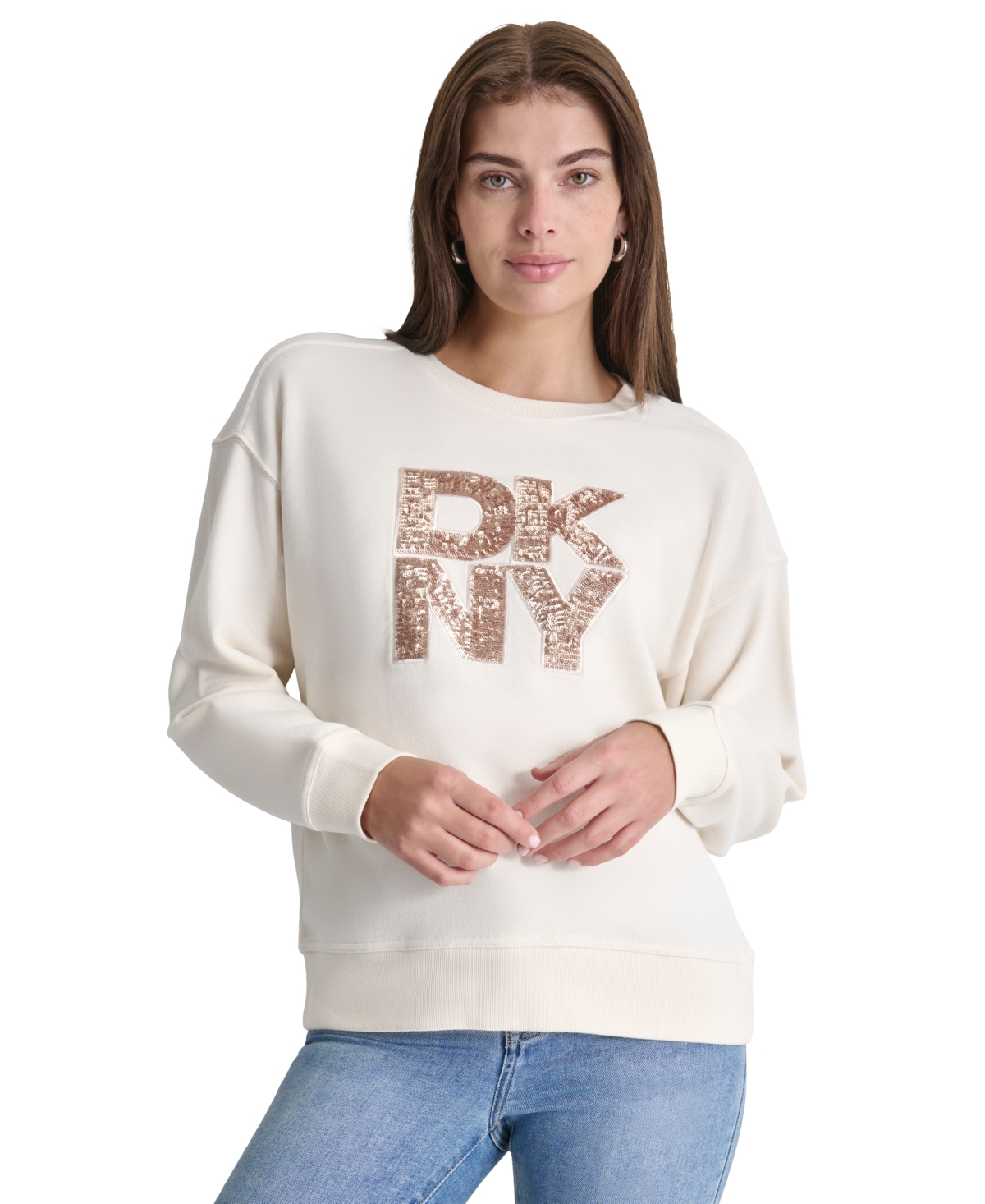 Dkny Jeans Women's Sequin Applique Satin Stitch Stack Logo Cotton Sweatshirt - Eggnog/light Gold