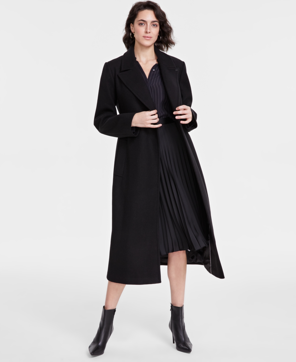 Dkny Petite Notched-Collar Double-Breasted Wrap Coat - Black